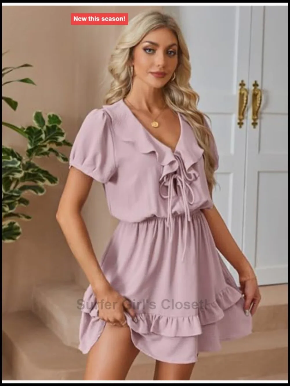 Women's V-Neck Tie Front Mini Dress Ruffle Hem Short Sleeve Casual